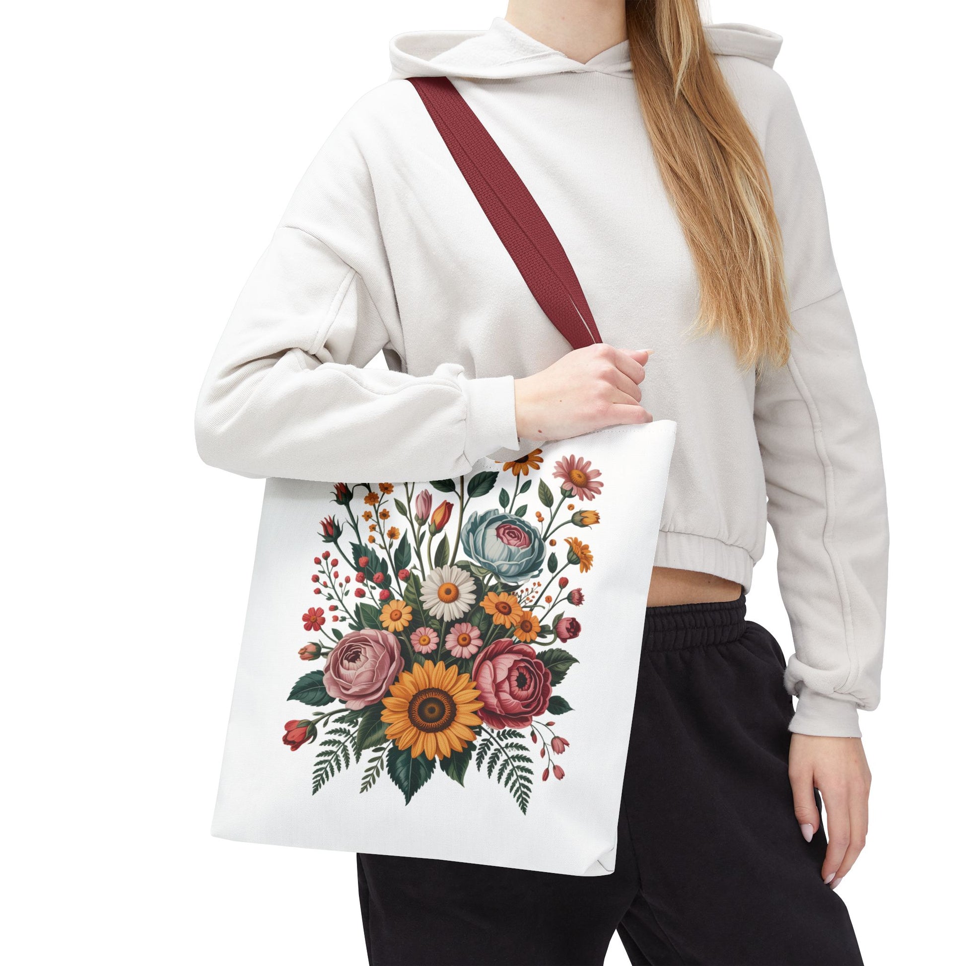 Botanical Vintage Flower Tote Bag showcasing a collage of muted pastel and warm-toned flowers, ideal for nature lovers. Durable with reinforced handles, perfect for carrying essentials. Available in multiple sizes.