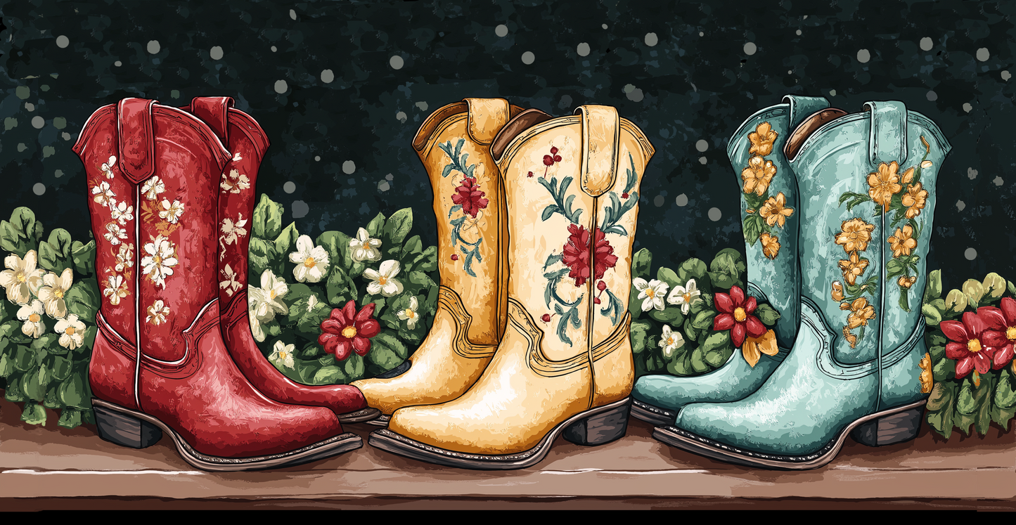 Cowgirl Boots Mug (11oz, 15oz) featuring a vibrant floral cowboy boots design on a sleek black ceramic background, reflecting FireBrook Essentials' blend of comfort and style in everyday items.
