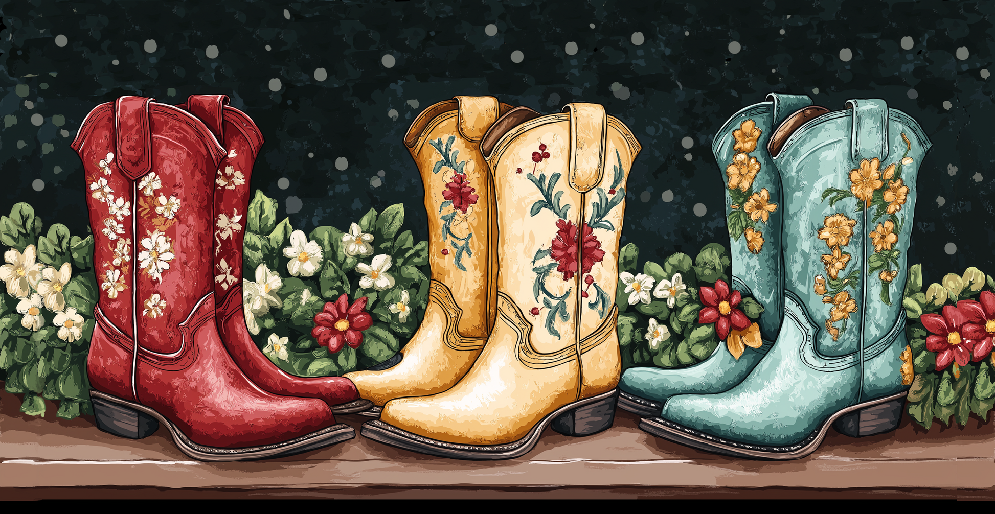 Cowgirl Boots Mug (11oz, 15oz) featuring a vibrant floral cowboy boots design on a sleek black ceramic background, reflecting FireBrook Essentials' blend of comfort and style in everyday items.