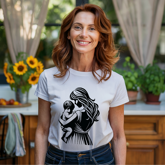 Mom Carries Her Baby Silhouette T-Shirt features a charming silhouette design. Crafted from garment-dyed 100% US cotton, this unisex T-shirt offers a sleek, seamless look with durable double-needle stitching.