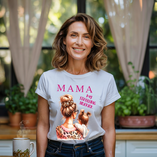 MAMA - My Strolling Sidekick T-Shirt showcases a relaxed fit with a classic crew neckline, emphasizing comfort and versatility. Ideal for celebrating motherhood, it features durable double-needle stitching.
