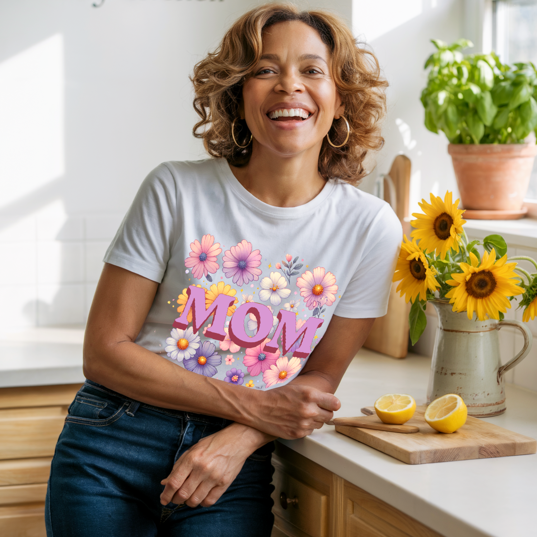 Mom with Floral Design T-shirt features a classic crew neckline and relaxed fit, crafted from soft, durable garment-dyed cotton. Ideal for casual and semi-formal wear, reflecting FireBrook Essentials' comfort and style.