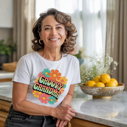 Groovy Grandma T-Shirt showcasing a retro design, symbolizing fun and nostalgia. Lightweight, ethically made, it's ideal for gifting, featuring a classic crew neckline perfect for relaxed, joyful style.