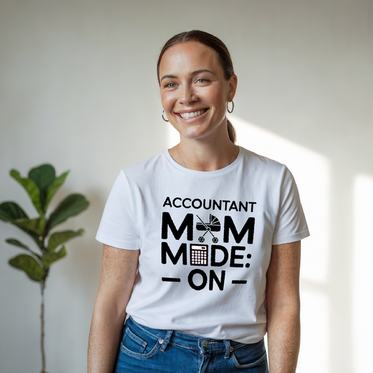Accountant Mom Mode On T-Shirt, showcasing a relaxed fit and crew neckline, ideal for multitasking moms. Features durable double-needle stitching and garment-dyed fabric for comfort, aligning with FireBrook Essentials' stylish ethos.