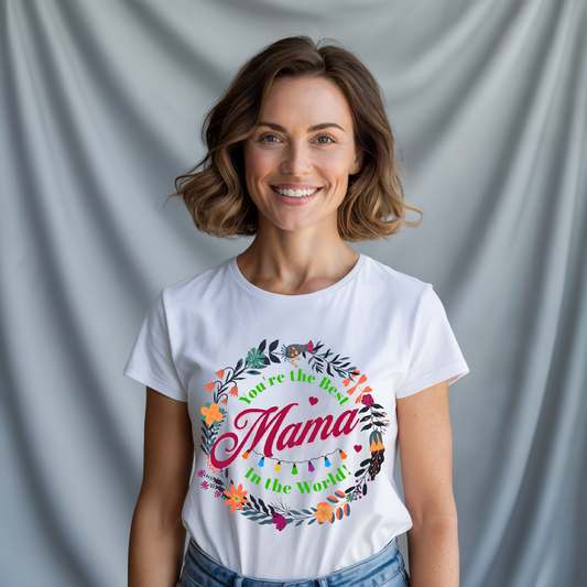 Best Mama T-Shirt, featuring a relaxed fit and classic crew neckline, crafted from soft, 100% ring-spun US cotton. Perfect for celebrating motherhood with style and comfort.