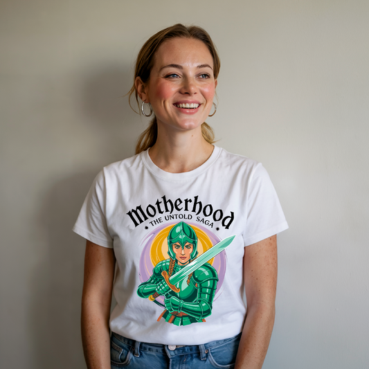 Motherhood: The Untold Saga T-Shirt features a serene design symbolizing motherhood, crafted from soft 100% Airlume cotton. Ideal for casual or semi-formal wear, reflecting FireBrook Essentials' commitment to comfort and positivity.