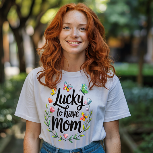 Lucky to Have Mom T-Shirt: Unisex short-sleeve tee with 'Lucky to have Mom' print, featuring a crew neckline and lightweight, breathable 100% Airlume cotton, offering a comfortable, stylish fit.