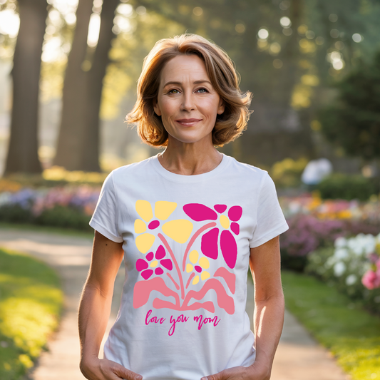 Love You Mom T-Shirt featuring a floral design, crafted from 100% ring-spun US cotton for a relaxed fit. Perfect gift for special occasions, reflecting FireBrook Essentials' focus on comfort and style.