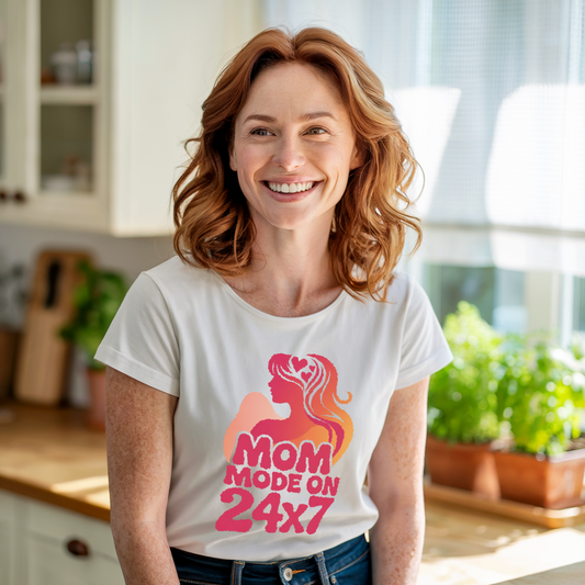 Mom Mode On 24x7 T-Shirt featuring a classic crew neckline and lightweight fabric, perfect for stylish, busy moms, embodying comfort and the commitment to being a supermom every day.