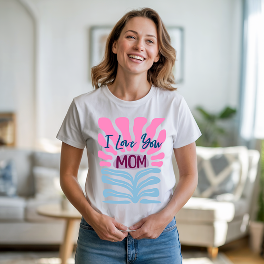I Love You Mom T-Shirt featuring a heartfelt message, crafted from soft, garment-dyed fabric. This unisex shirt has double-needle stitching and a sleek, side-seam-free design, ideal for thoughtful gifting.