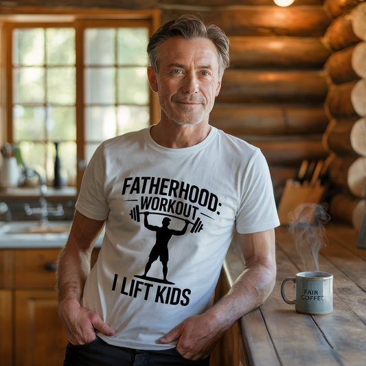 Fatherhood: Workout - I Lift Kids T-Shirt showcases a playful design on a lightweight, breathable Bella+Canvas tee, ideal for active dads, aligning with FireBrook Essentials' focus on comfort and style.