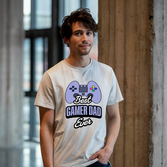 Unisex cotton tee titled Best Gamer Dad Ever T-Shirt, featuring a fist bump design, perfect for celebrating Father's Day with a nostalgic vibe. Lightweight with ribbed collar for style and comfort.