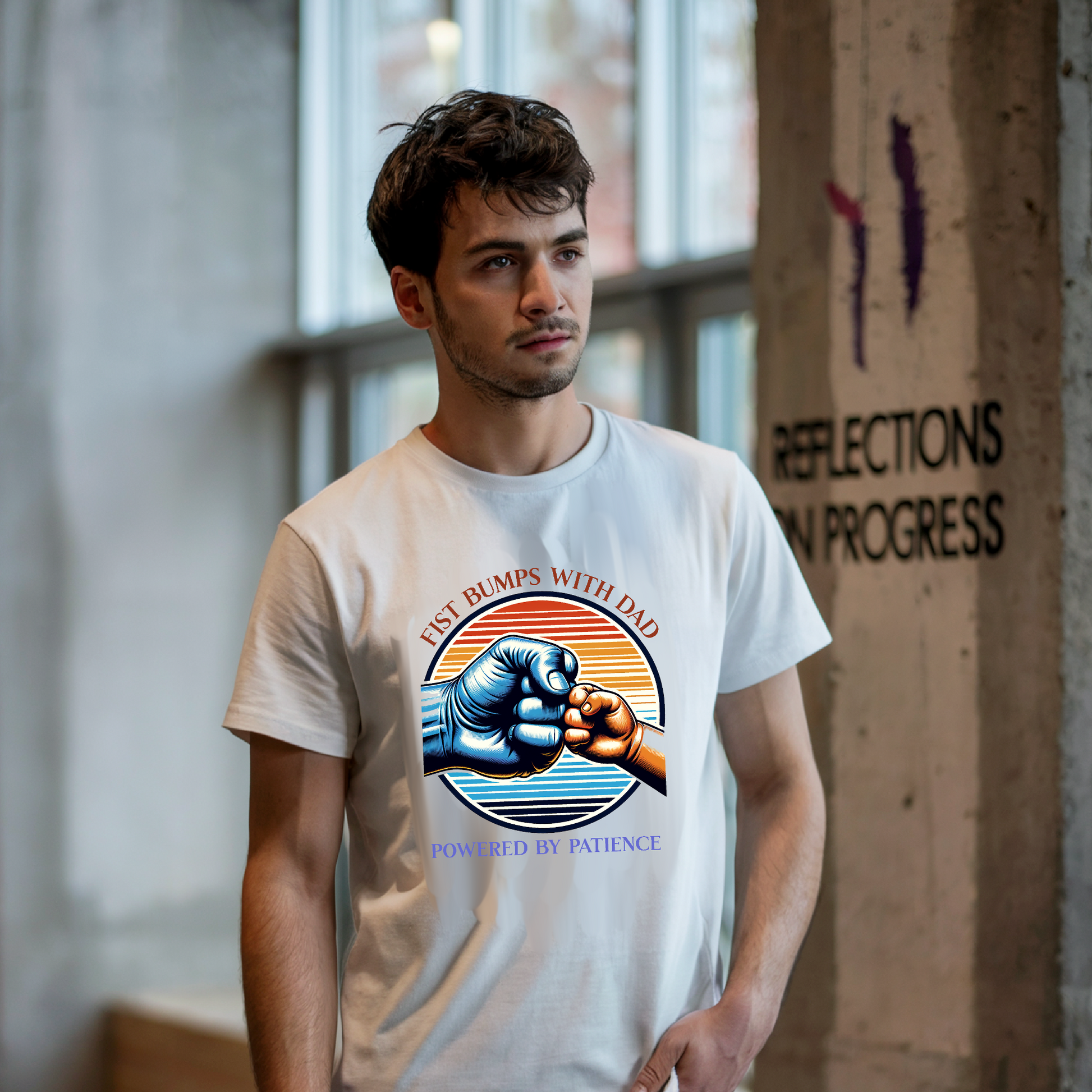 Fist Bumps with Dad T-Shirt: A cotton, crew neck tee featuring a heartwarming fist bump design, perfect for celebrating Father's Day, reflecting FireBrook Essentials' focus on comfort and uplifting style.