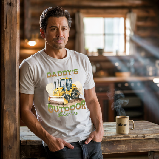 Daddy's Outdoor Adventure Tractor T-Shirt features a playful tractor graphic, embodying an adventurous spirit. Crafted from soft, durable cotton, it's ideal for outdoor-loving dads on casual outings.