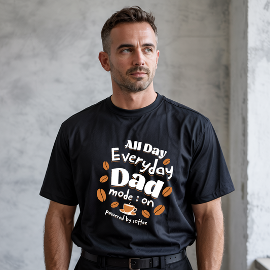 The Coffee for Dad T-Shirt is a unisex cotton crew tee with a nostalgic design, perfect for Father's Day. It features a ribbed knit collar and lightweight fabric, embodying FireBrook Essentials' style and comfort.
