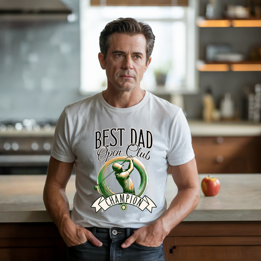 Best Dad Open Club Golf T-Shirt, showcasing a relaxed, classic fit with ribbed collar and side seams for shape. Ideal for golf-loving dads, crafted from 100% combed cotton for comfort.