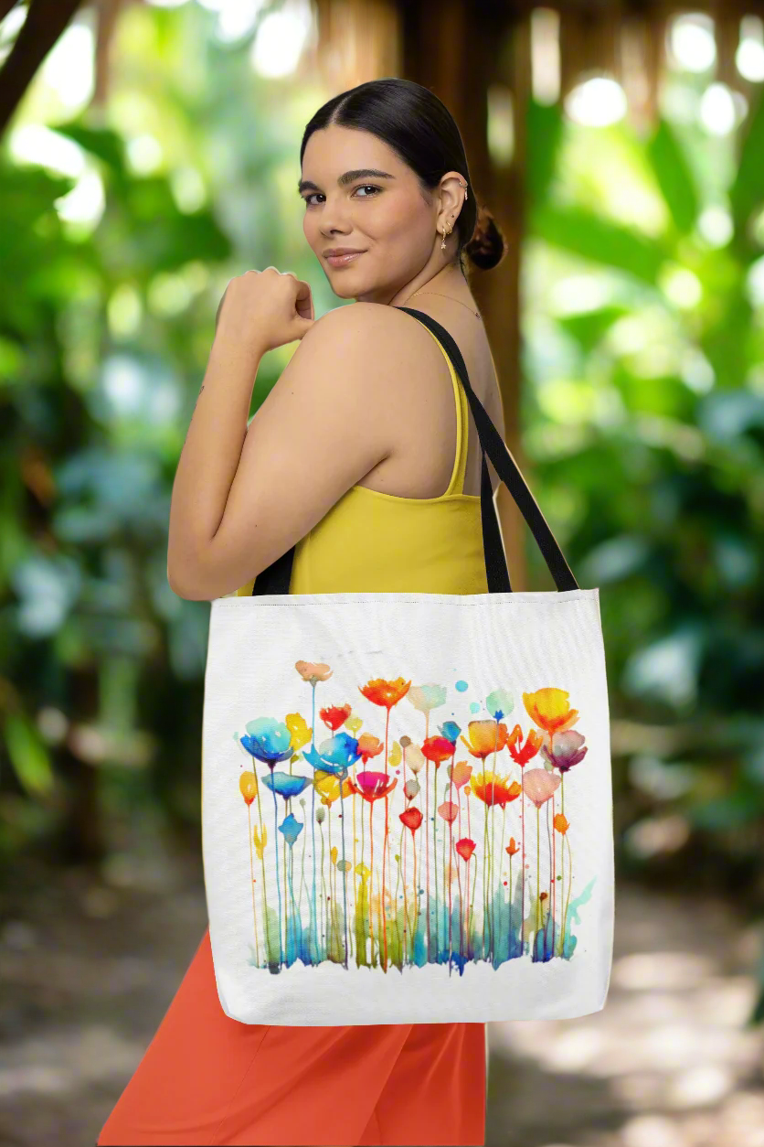 Watercolor Floral Tote Bag with nature-inspired design, perfect for moms, students, and travelers. Made from durable polyester, featuring reinforced handles and boxed corners for extra space. Available in three sizes.