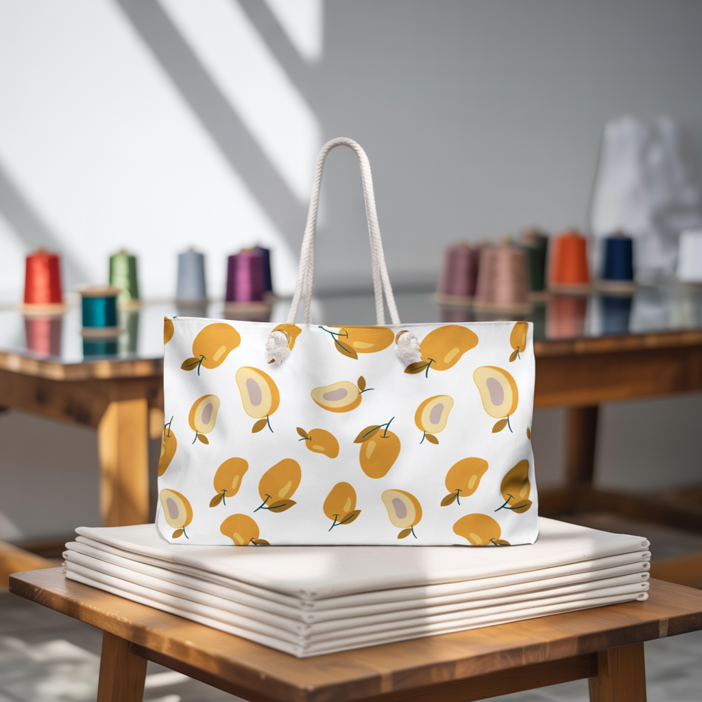 Mango Weekender Bag – Tropical Fruit Travel Tote featuring a vibrant mango design, spacious interior, and rope handles, perfect for beach trips or casual outings, embodying FireBrook Essentials' joyful and uplifting style.