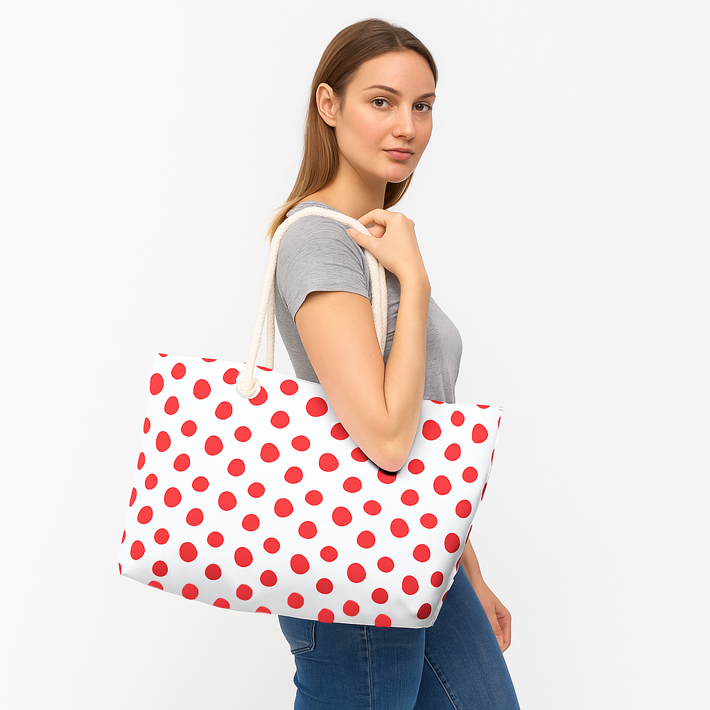 Weekender Bag - Red Polka Dots features a vibrant red and white polka dot design, perfect for stylish getaways. The bag is spacious with rope handles, embodying FireBrook Essentials' joyful and uplifting aesthetic.