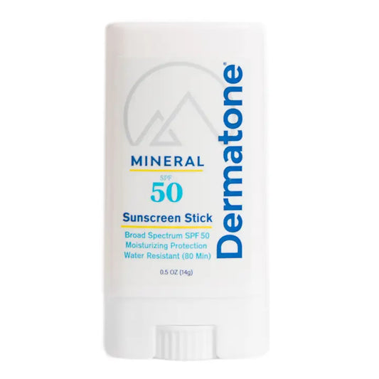 Dermatone Mineral Sunscreen stick featuring a no-touch twist-up design and blue text on a white container, ideal for sun protection during sports, fitting conveniently in pockets for easy reapplication.