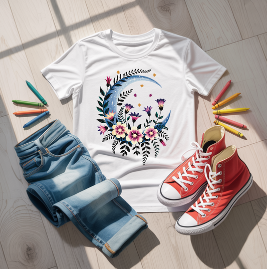 Crescent Moon Red Flowers T-Shirt with a vibrant floral design, showcasing double-needle stitching and a relaxed fit, embodying FireBrook Designs' ethos of comfort and uplifting style.