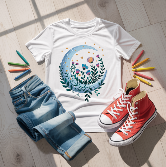 Crescent Moon Yellow Flowers T-Shirt featuring a bohemian design with a relaxed fit and crew neckline, embodying FireBrook Essentials' commitment to stylish, comfortable, and uplifting apparel.