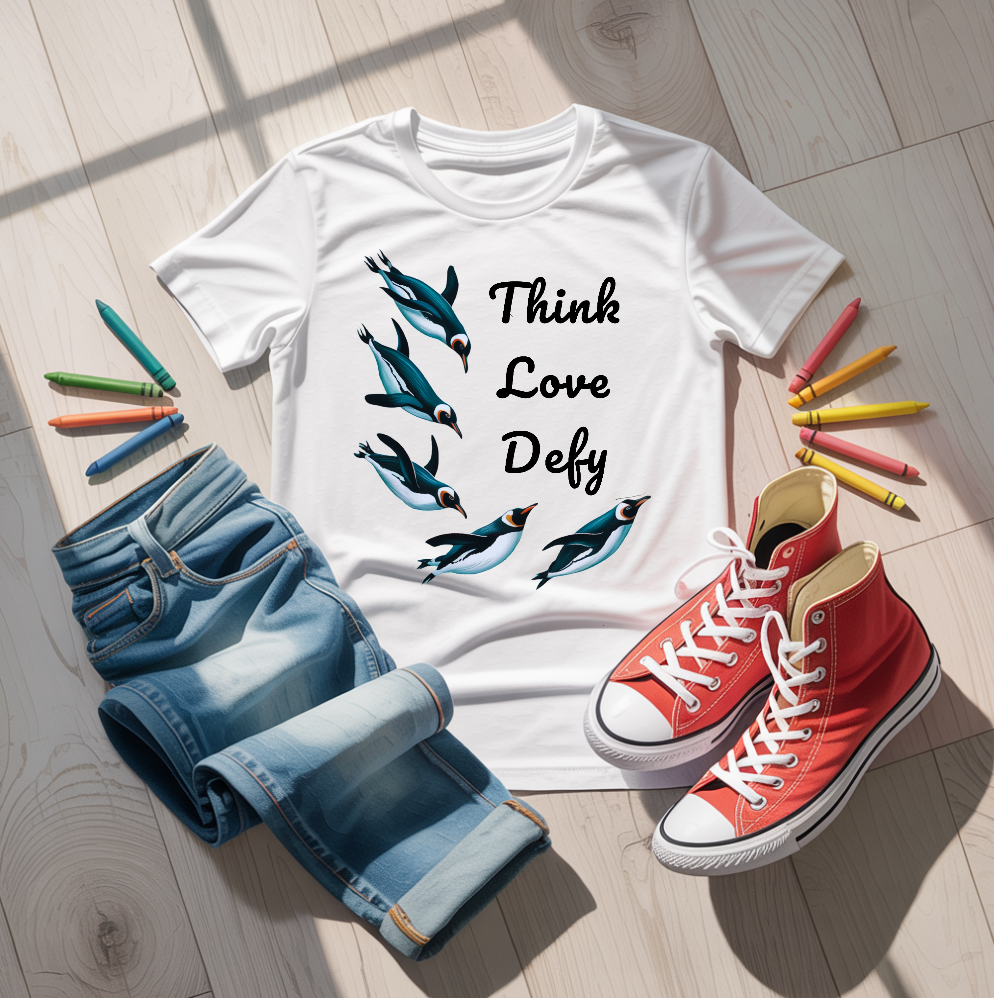 Think Love Defy Penguin T-Shirt featuring penguins and nature designs, ideal for outdoor enthusiasts. Made from 100% ring-spun cotton, it offers comfort and durability with eco-friendly printing.