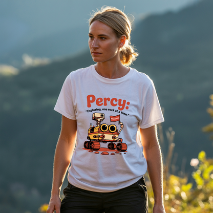 Percy Robot: With Perseverance, Exploring One Rock At A Time in Mars T-Shirt showcases a Mars rover illustration on a classic-fit unisex tee, ideal for space enthusiasts and casual wear.