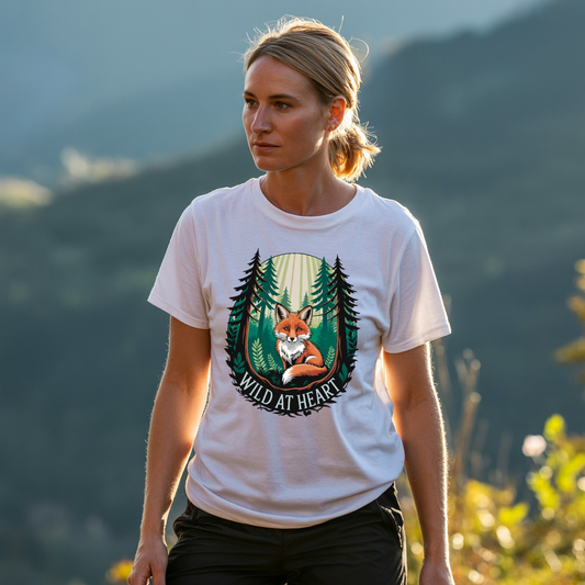 Wild at Heart Fox T-Shirt features a charming fox illustration on a soft, lightweight fabric, ideal for nature lovers and casual wear, embodying FireBrook Essentials' spirit of comfort and positivity.