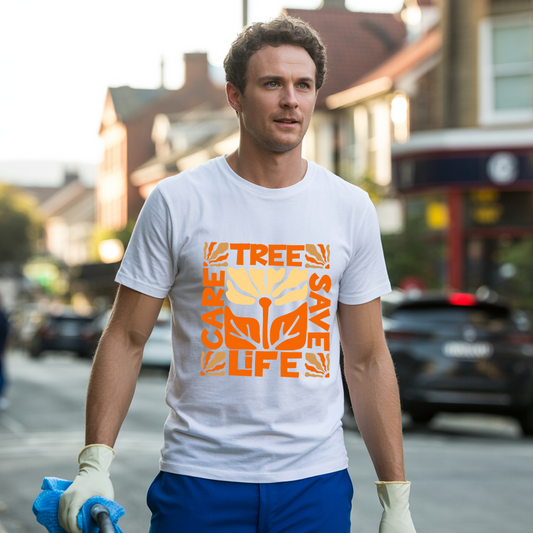 Save and Care for the Tree T-Shirt, a unisex cotton crew tee with a ribbed knit collar, embodies an eco-friendly vibe, ideal for nature enthusiasts and conservation events, from FireBrook Essentials.