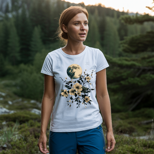 Full Moon and Flowers T-Shirt featuring a watercolor moon and floral design, capturing artistic elegance and comfort, perfectly embodying FireBrook Essentials’ blend of style and positivity.