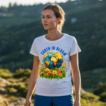 Earth in Bloom T-Shirt showcasing a boho-inspired floral Earth design, emphasizing eco-conscious fashion. Made from soft, high-quality cotton, this unisex tee blends comfort with a stylish, nature-loving statement.
