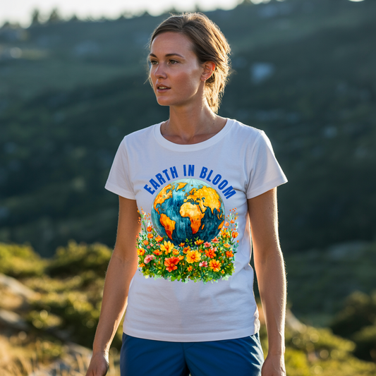 Earth in Bloom T-Shirt showcasing a boho-inspired floral Earth design, emphasizing eco-conscious fashion. Made from soft, high-quality cotton, this unisex tee blends comfort with a stylish, nature-loving statement.