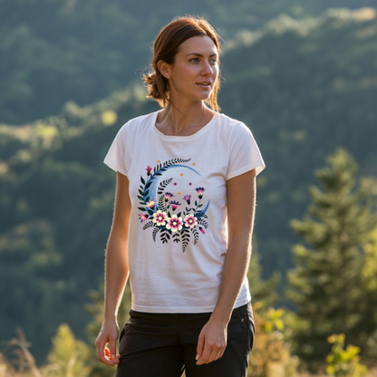 The Crescent Moon Red Flowers T-Shirt showcases a bohemian design with a crescent moon adorned with red flowers, embodying a dreamy vibe ideal for casual, joyful wear from FireBrook Essentials.
