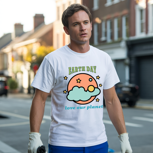 Earth Day Love Our Planet T-Shirt, unisex with a classic crew neckline and soft fabric, embodies comfort and style. Ideal for Earth Day, reflecting FireBrook Essentials' commitment to positivity and sustainability.
