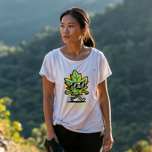 Go Green or Leaf Me Alone T-Shirt from FireBrook Essentials, featuring a classic fit and crew neckline, made from soft, 100% ring-spun cotton, ideal for expressing environmental awareness with comfort and style.