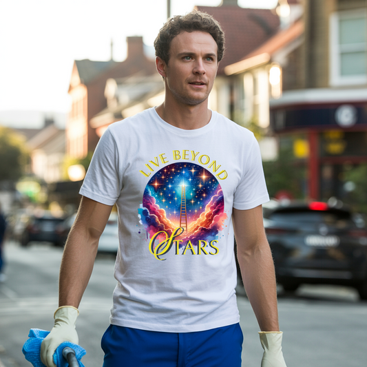 Live Beyond Stars Galactic T-Shirt featuring a cosmic design, perfect for stargazers and dreamers, with durable stitching and soft cotton, ideal for casual or semi-formal wear.