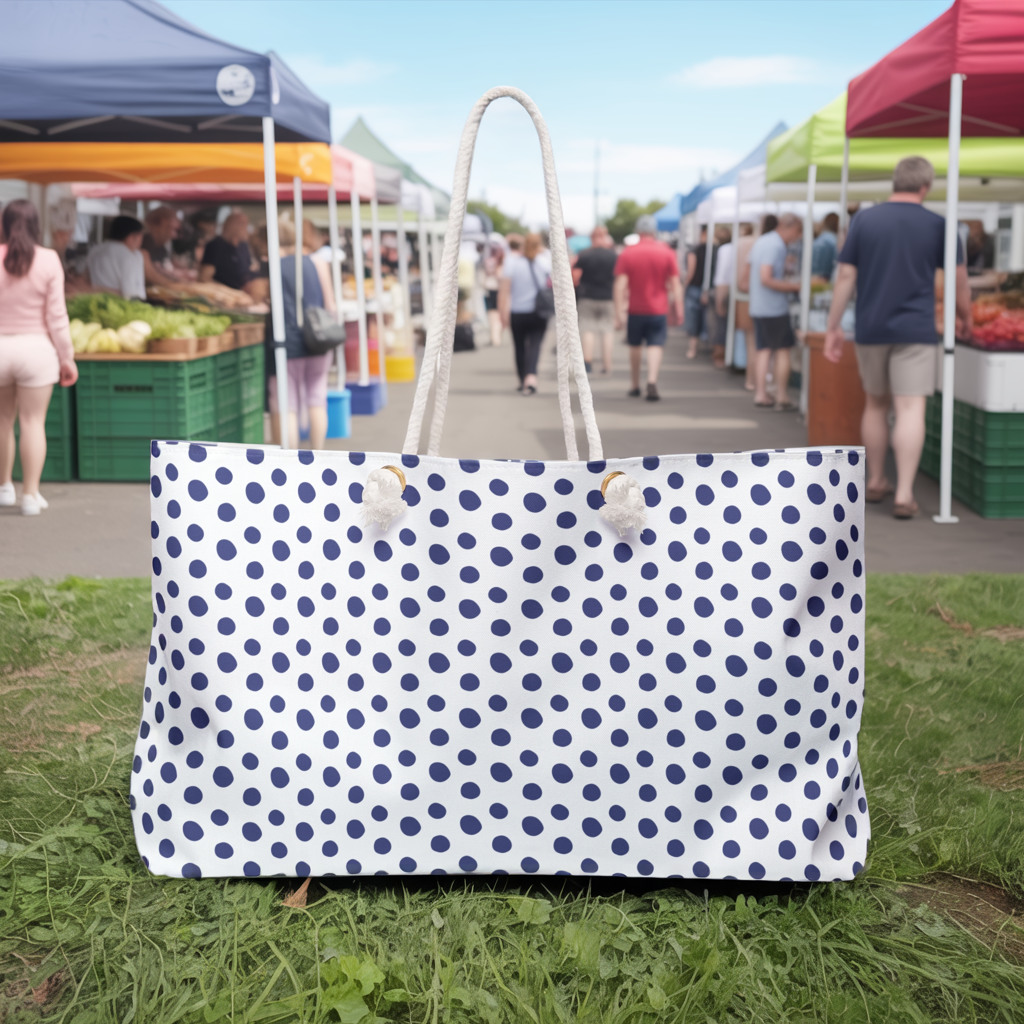 Weekender Bag - Blue Polka (small) Dots Print: A stylish, durable bag featuring elegant rope handles, perfect for weekend getaways. Ideal for those who love retro-inspired style and vibrant designs.