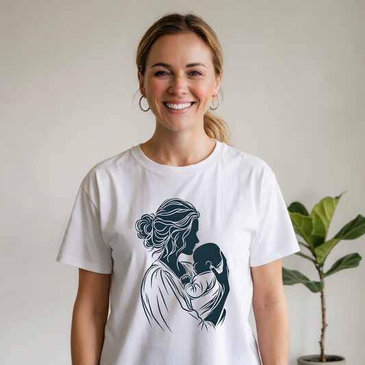 Mom and Baby Silhouette T-Shirt featuring a delicate silhouette design on soft, garment-dyed fabric. This unisex tee showcases double-needle stitching and a seamless look, embodying FireBrook Essentials' blend of style and comfort.