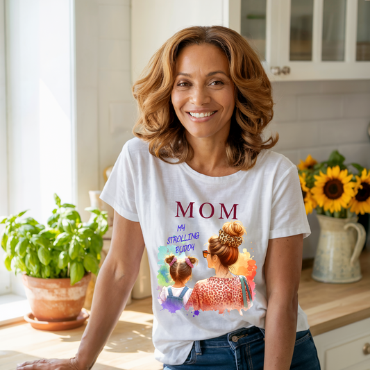 Mom - My Strolling Buddy T-Shirt: Unisex garment-dyed tee with Mom - My strolling buddy design, featuring durable double-needle stitching and sleek look, perfect for celebrating the bond with your child.
