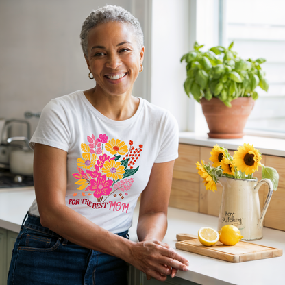 Flower Bouquet For the Best Mom T-Shirt showcasing a charming floral design, embodies comfort and style with its relaxed fit and crew neckline, ideal for casual or semi-formal wear.