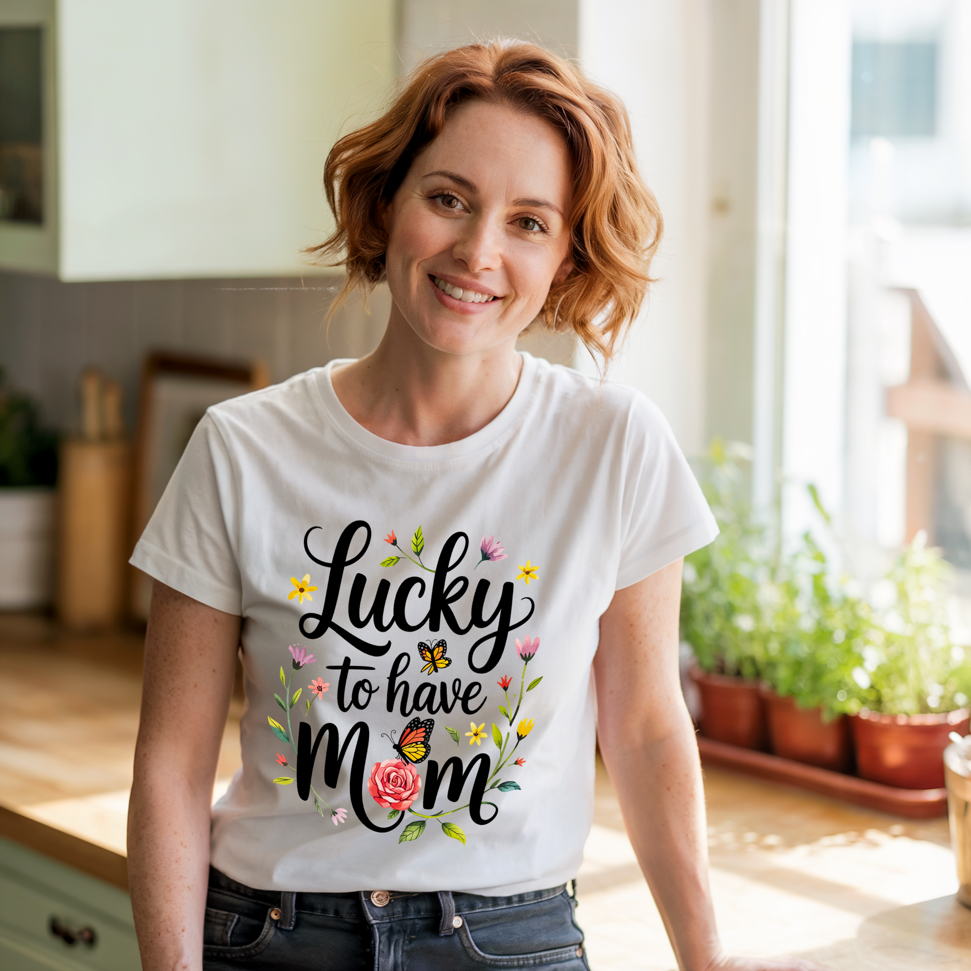 Unisex Lucky to Have Mom T-shirt with a crew neckline, perfect for casual wear, featuring high-quality printing on lightweight, breathable cotton fabric from FireBrook Essentials.