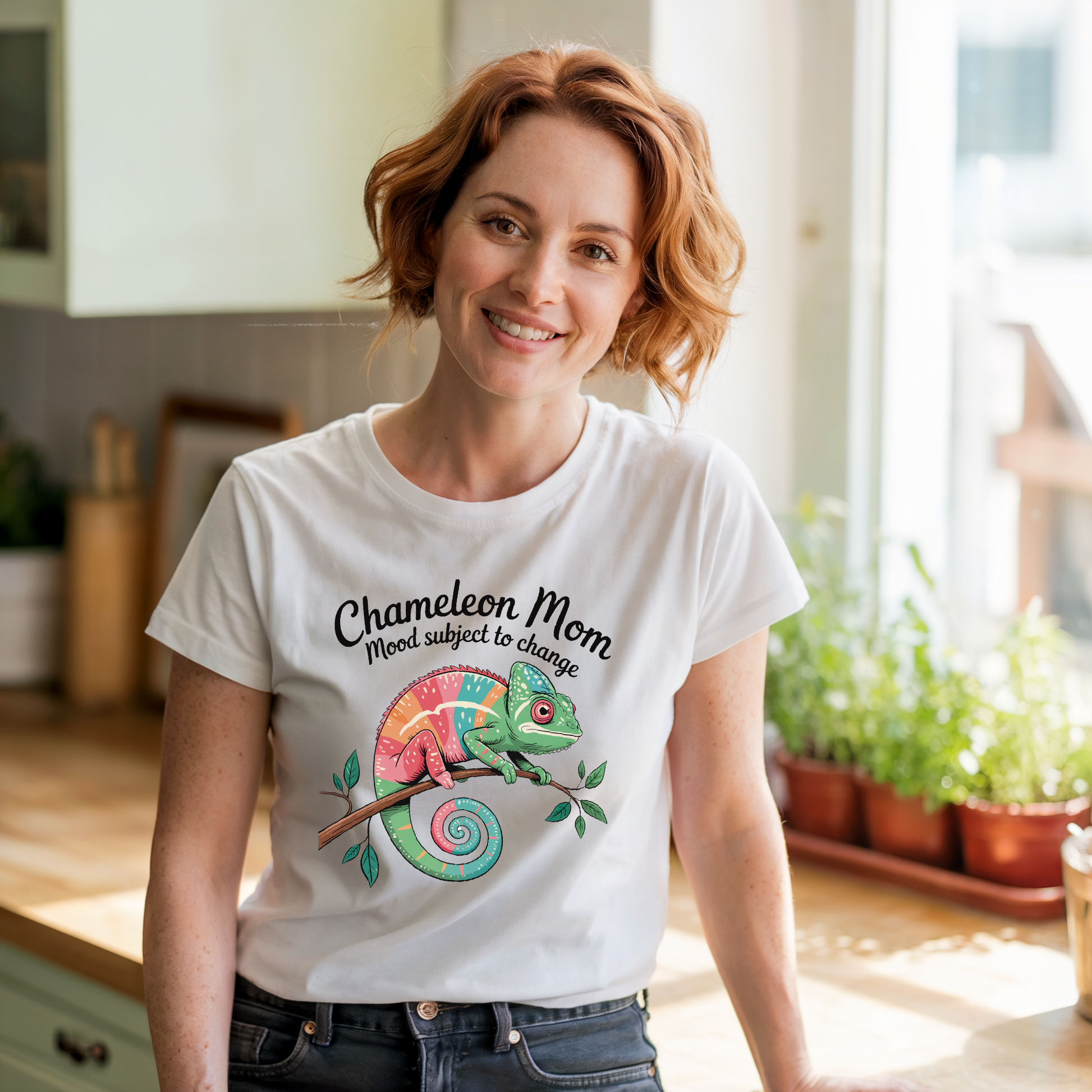 Chameleon Mom T-Shirt featuring a playful graphic design, ideal for humor-loving moms. Made from breathable cotton, it offers a comfortable fit, embodying FireBrook Essentials' commitment to joyful, stylish apparel.