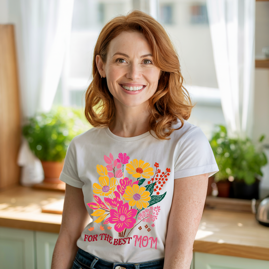 Flower Bouquet For the Best Mom T-Shirt: A garment-dyed, unisex tee with a floral design celebrating moms. Features a relaxed fit, crew neckline, and durable stitching, crafted for comfort and style.