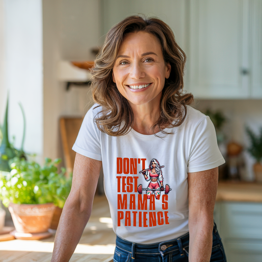 Don't Test This Mama's Patience T-shirt showcasing bold text, designed for moms with a sassy attitude. Features durable double-needle stitching and soft, ethically sourced US cotton for ultimate comfort.