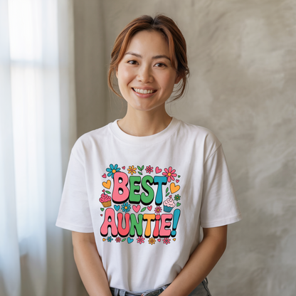 Best Auntie T-Shirt featuring durable double-needle stitching and a relaxed fit, perfect for gifting. The soft garment-dyed fabric embodies cozy, loving vibes, aligning with FireBrook Essentials' uplifting style.