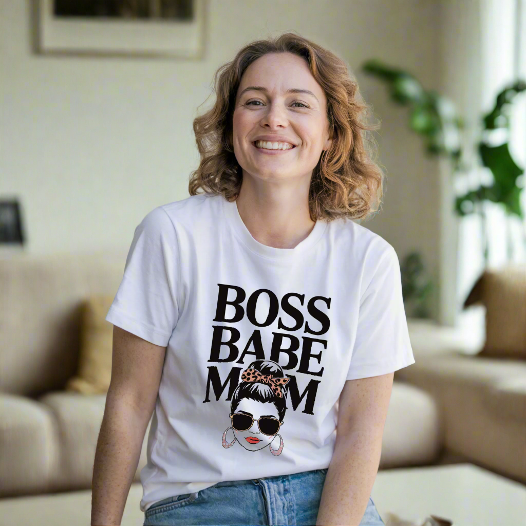 Boss Babe Mom T-Shirt featuring a relaxed fit and classic crew neckline, made from high-quality garment-dyed fabric, showcasing durability with double-needle stitching, ideal for stylish, confident moms seeking comfort.