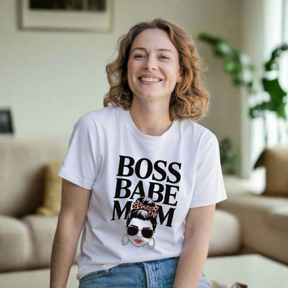 Boss Babe Mom T-Shirt featuring a relaxed fit and classic crew neckline, made from high-quality garment-dyed fabric, showcasing durability with double-needle stitching, ideal for stylish, confident moms seeking comfort.