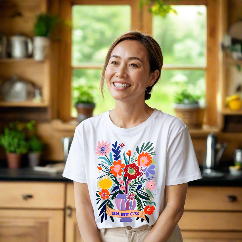 Best Mom Ever T-Shirt with a relaxed fit and crew neckline, showcasing its garment-dyed, sleek design. Crafted for comfort with double-needle stitching and 100% US cotton, reflecting FireBrook Essentials' uplifting style.