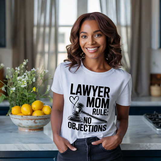 Lawyer Mom Rule: No Objections T-Shirt features durable double-needle stitching and a relaxed fit, showcasing pride in the legal profession with comfort and style. Ideal for casual and semi-formal occasions.